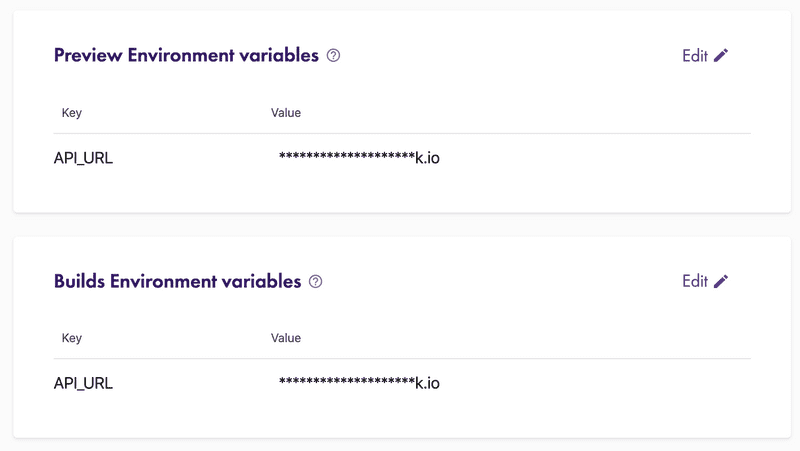 screen shot of environment variables form