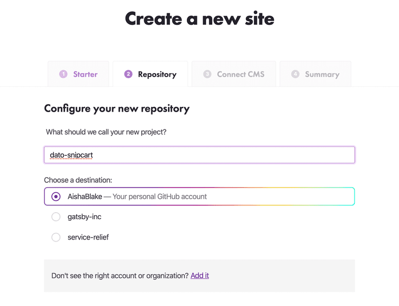 Gatsby menu where you can create a new site asks What should we call your new project and choose a destination