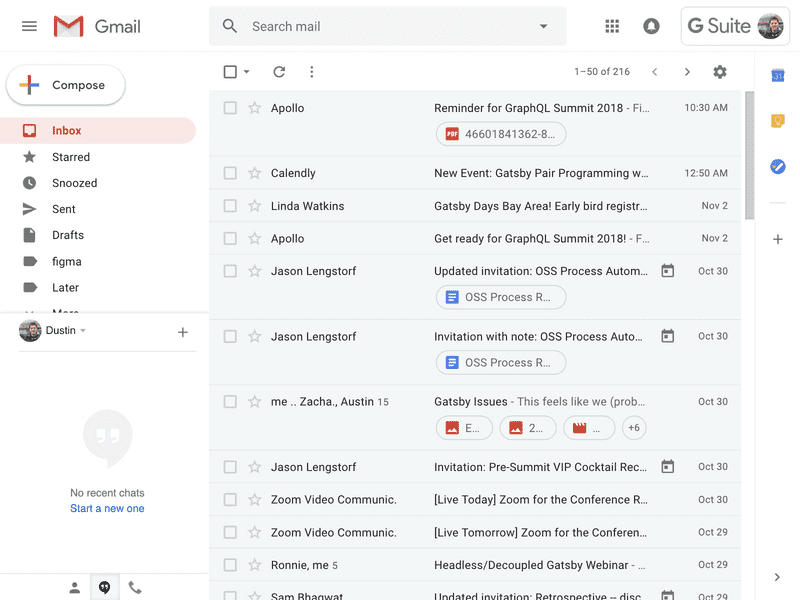 Interface of Gmail on the web