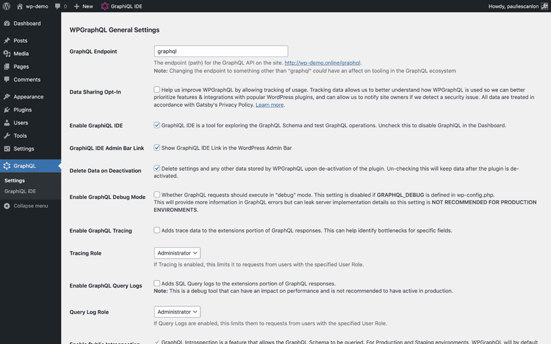 WPGraphQL Settings Page