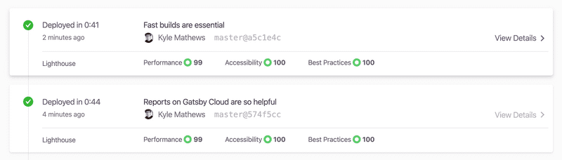 Screenshot of Gatsby Cloud builds with Chrome Lighthouse reports