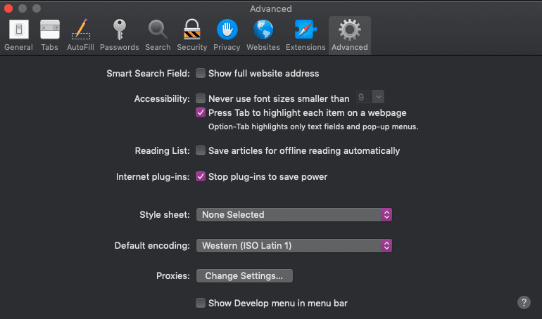 Safari's Preferences window with 