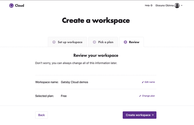 screen shot of create a workspace final step