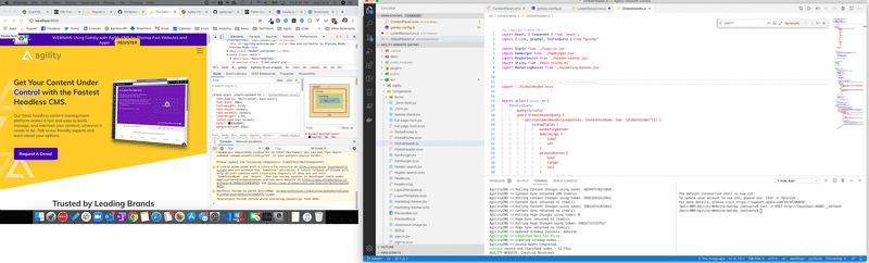 two screens side by side showing hot reloading website and the Gatsby code for it