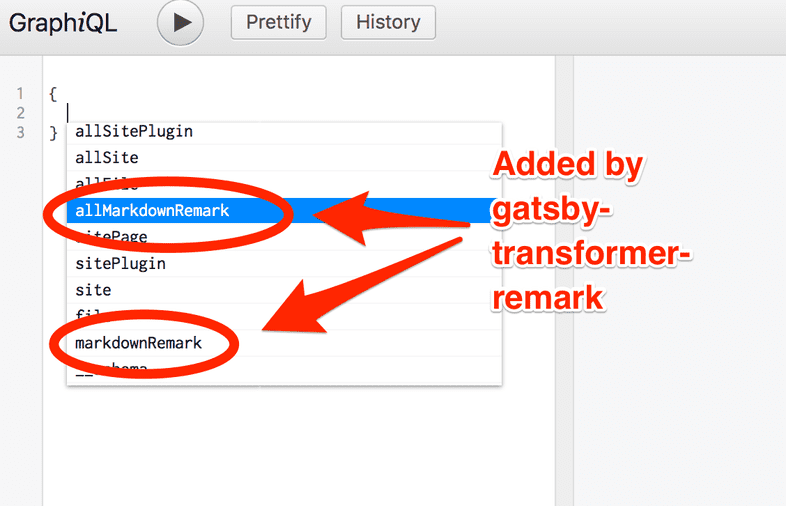 GraphiQL screenshot showing new `gatsby-transformer-remark` autocomplete options