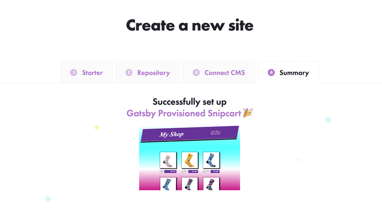 Celebratory screen titled successfully set up Gatsby provisioned Snipcart!