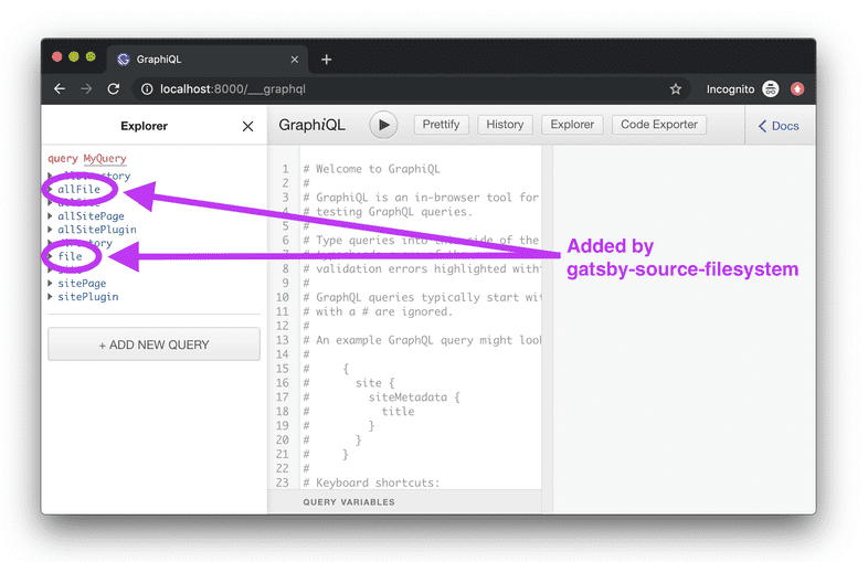 The GraphiQL IDE showing the new dropdown options provided by the gatsby-source-filesystem plugin