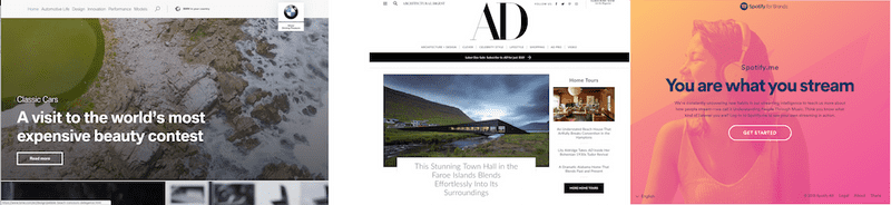 bmw.com -- Angular, AD (Condé Nast) -- React, Spotify.me -- Vue