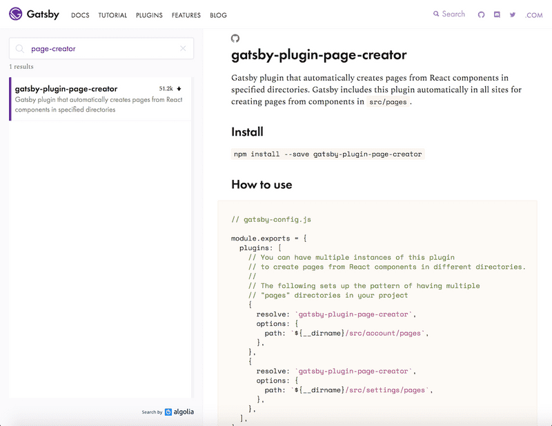 Gatsby plugin page creator in the plugin library