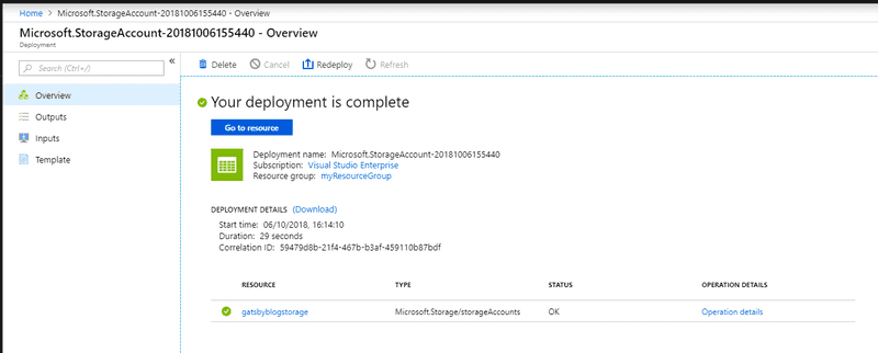 Successfully created azure storage account screen