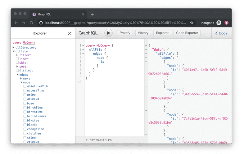 The GraphiQL IDE showing the results of a filesystem query