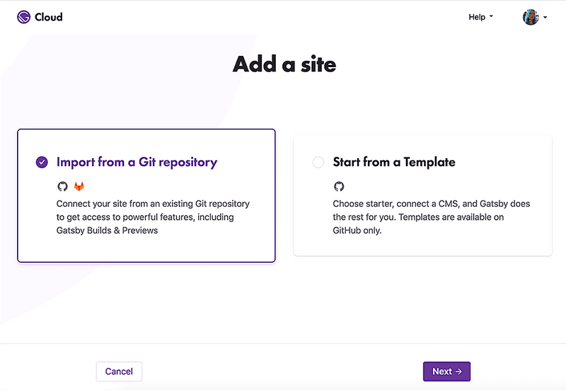 screen shot gatsby cloud workflow UI adding a new site