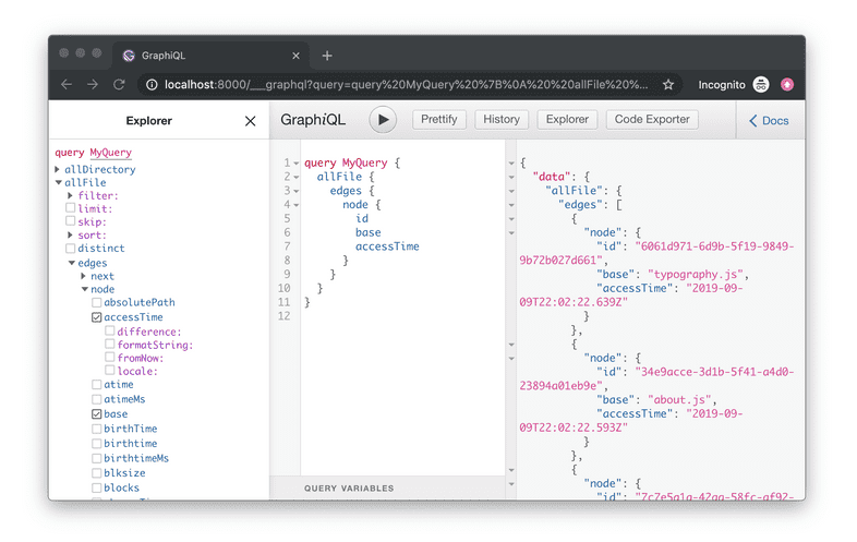 The GraphiQL IDE showing the new fields in the Explorer column