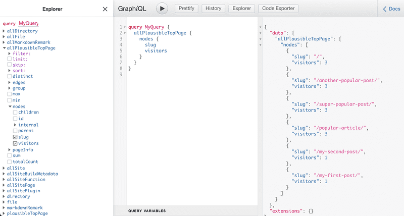 A screenshot of the GraphiQL interface in a web browser. It has three main sections: The Explorer, Query Editor, and Result Window. The Query Editor queries for 