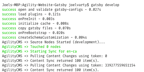 Agility CMS - Gatsby - Terminal Output