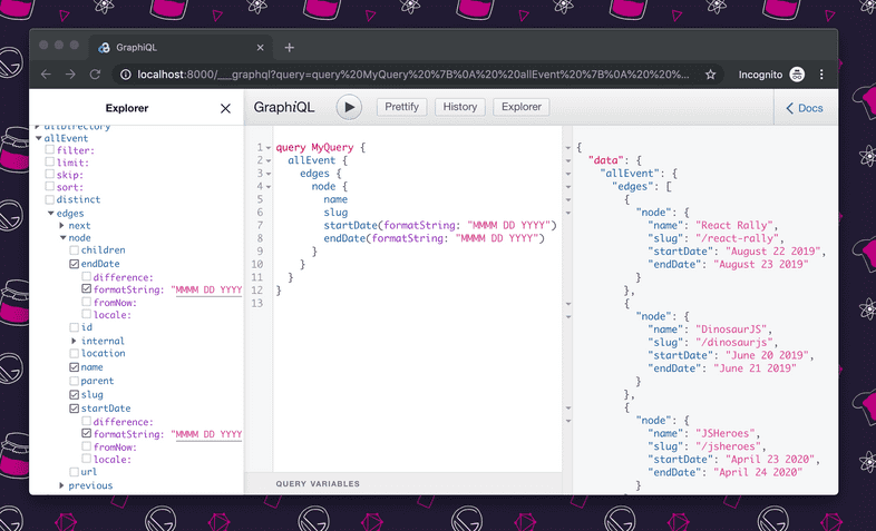 Successful execution of the previously described query, in the GraphiQL explorer