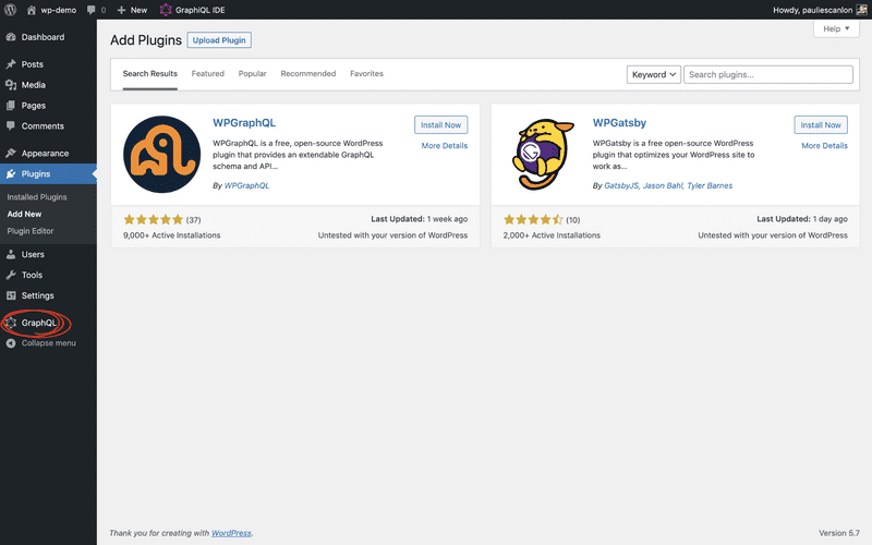 wordpress plugin interface showing WPGraphQL and gatsby source plugins