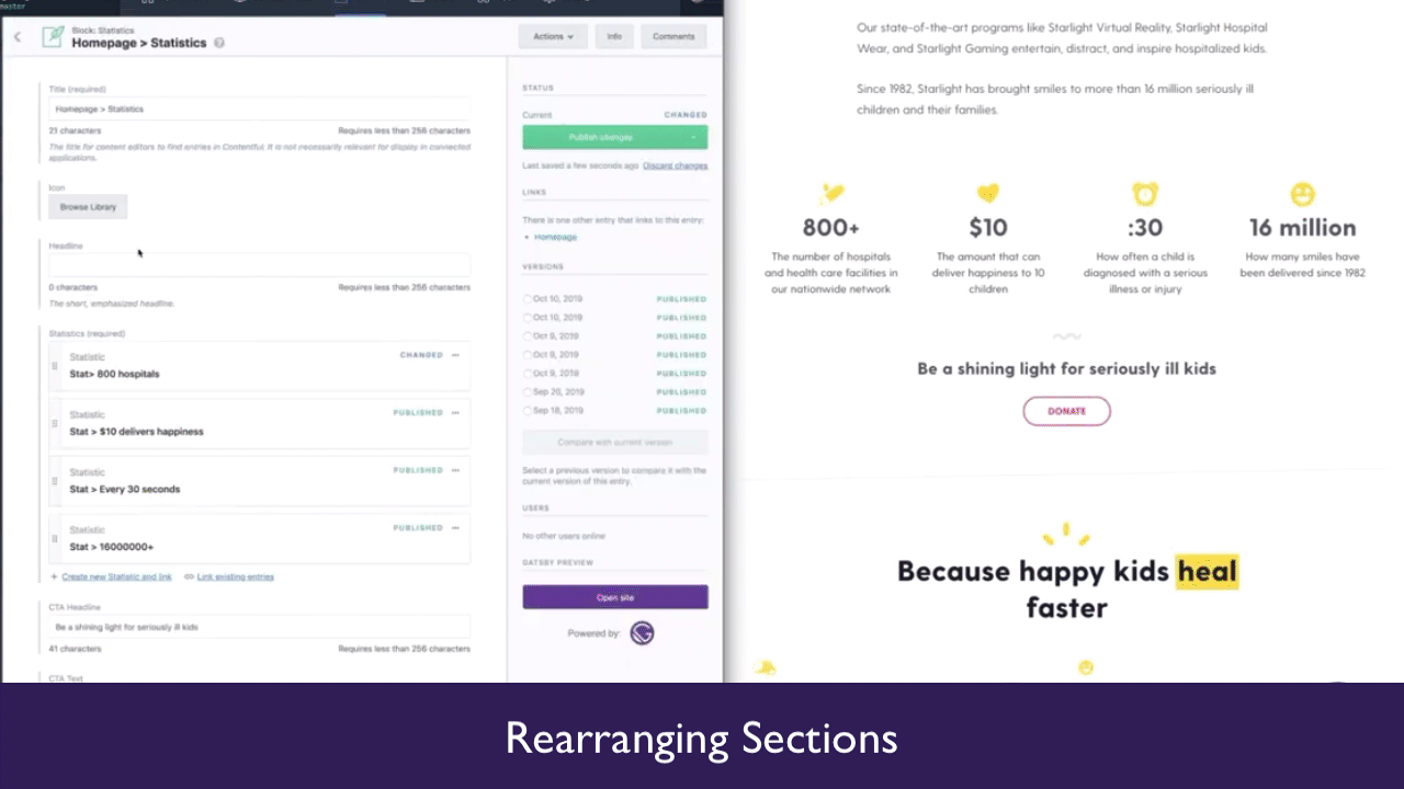 animated workflow for changing page sections with Gatsby Components