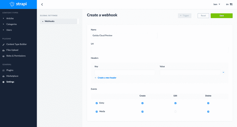 screen shot of Strapi webhook interface